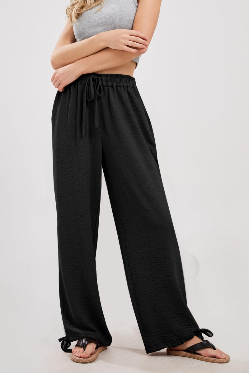 Chouyatou Wide Leg Linen Pants for Women Casual Loose Fit High Waisted Pants with Drawstrings