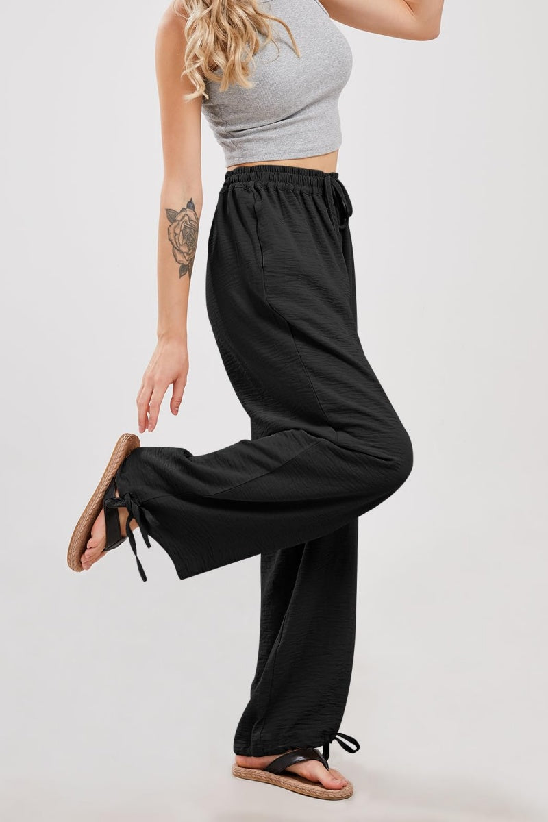 Chouyatou Wide Leg Linen Pants for Women Casual Loose Fit High Waisted Pants with Drawstrings