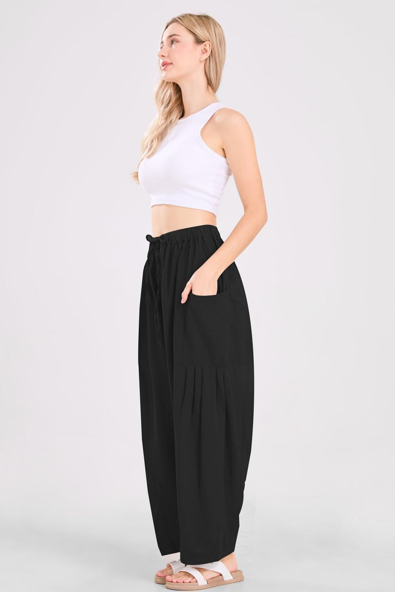 Chouyatou Womens Baggy Linen Pants Casual Loose Fit Drawstring Wide Leg Harem Pants with Pocket