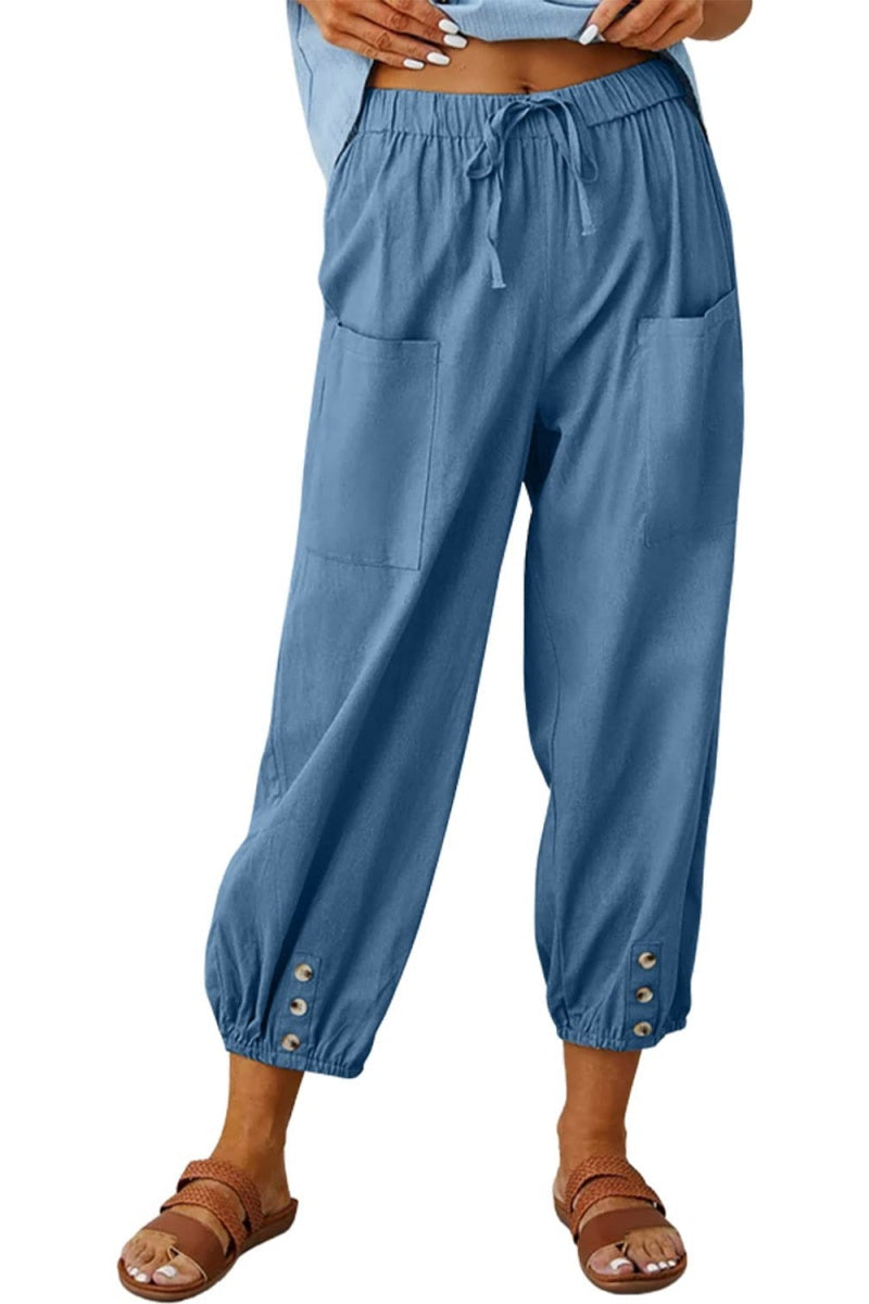 Chouyatou Women Cotton and Linen Drawstring Capri Pants Casual High Waist Pocket Cropped Pants