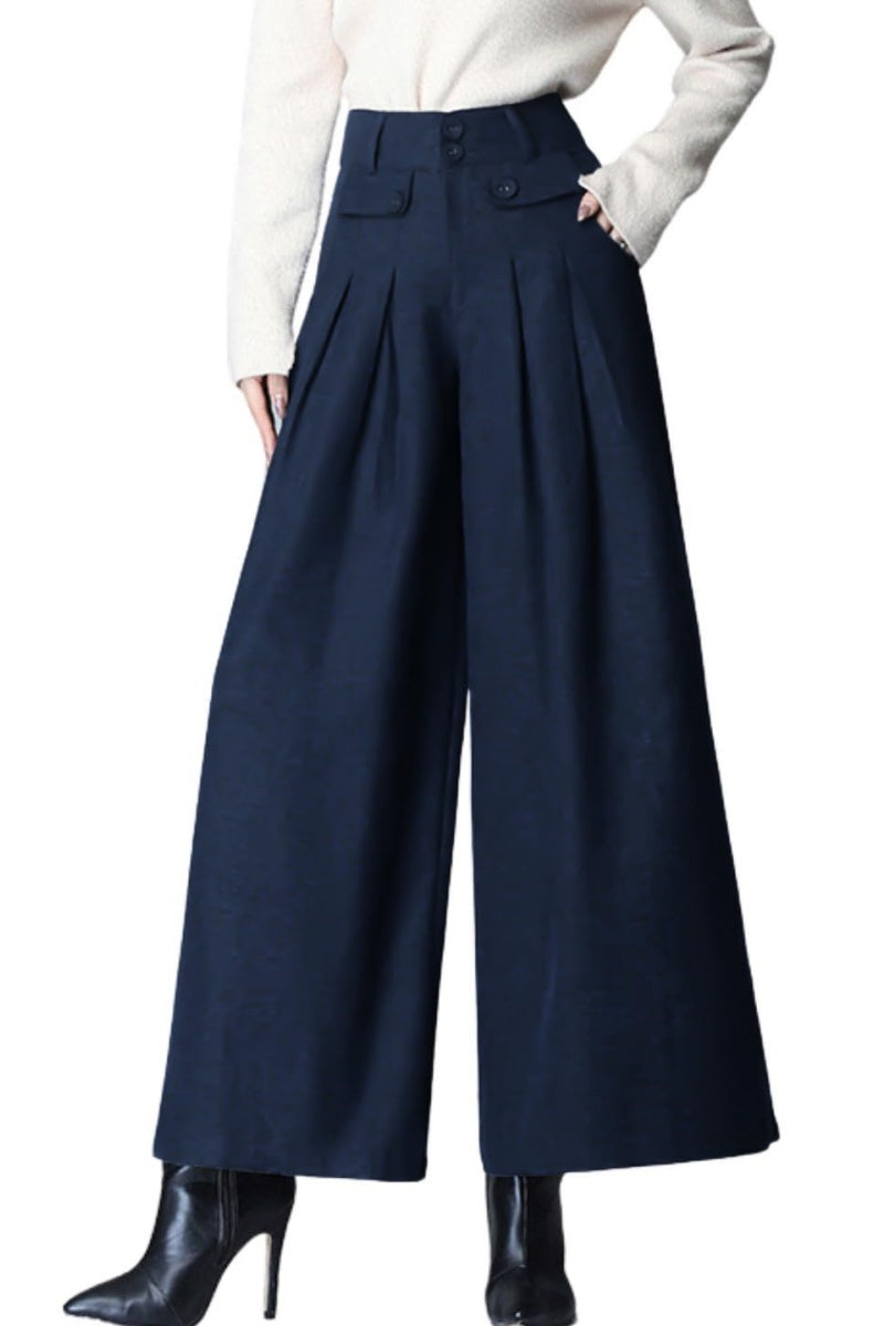 Chouyatou Women's Casual Wide Leg Wool Blend Pants Baggy Culotte High Waisted Pleated Loose Long Trousers