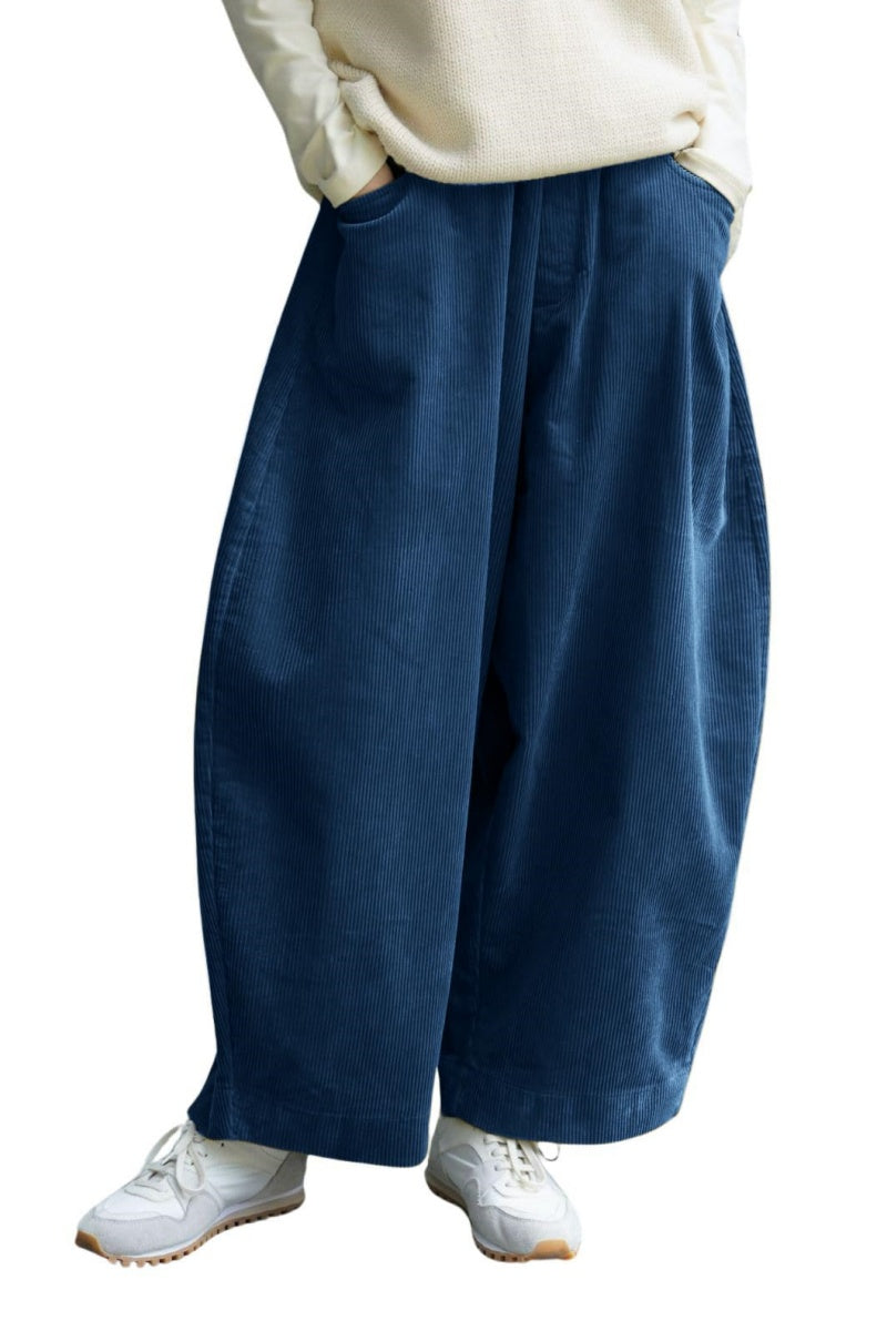Chouyatou Women Corduroy Barrel Pants Wide Leg Vintage Mid Rise Y2k Baggy Boyfriend Pants