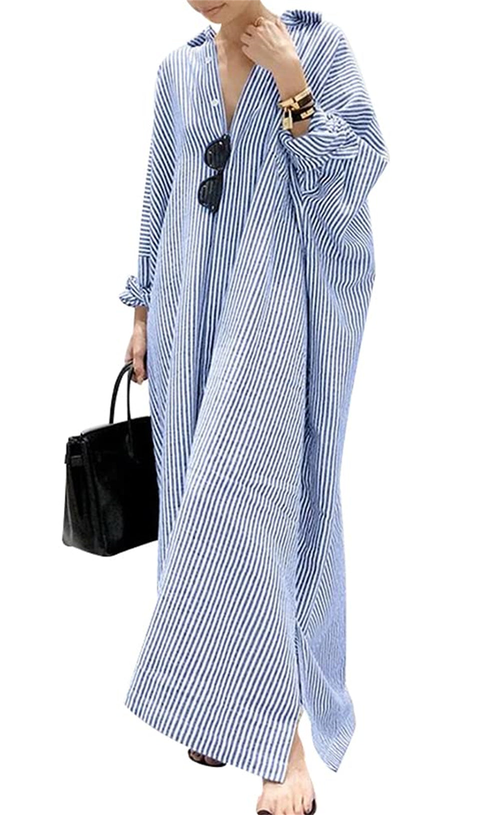 button up shirt maxi dress Chouyatou Women's Casual Long Sleeve Down Loose Striped Cotton – CHOUYATOU Size:44 Regular Jacket+38 Waist Adjust 34to40)(Height: 5'7