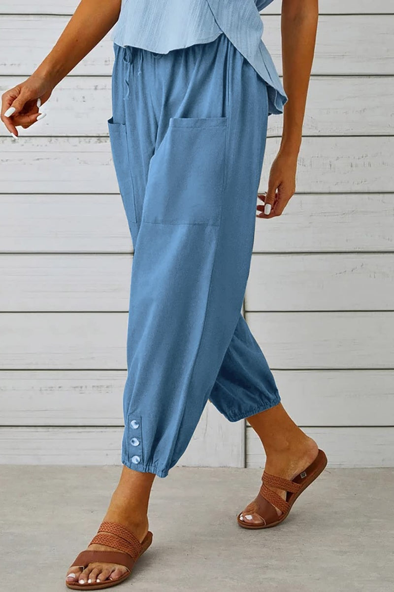 Chouyatou Women Cotton and Linen Drawstring Capri Pants Casual High Waist Pocket Cropped Pants