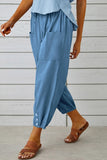 Chouyatou Women Cotton and Linen Drawstring Capri Pants Casual High Waist Pocket Cropped Pants