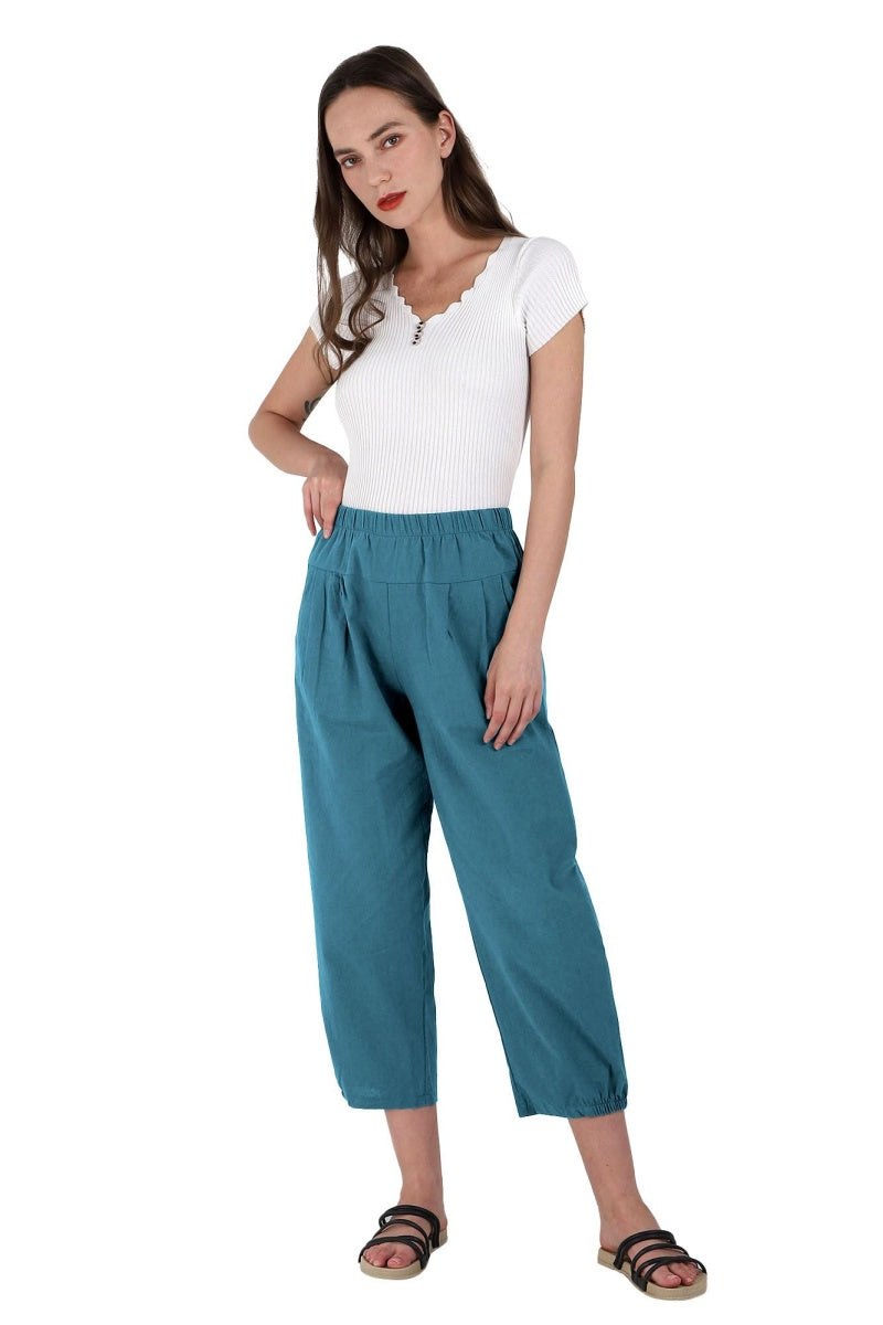 Chouyatou Women's Cropped Harem Pants Elastic Waist Casual Loose Fit Cotton Linen Capris with Pockets