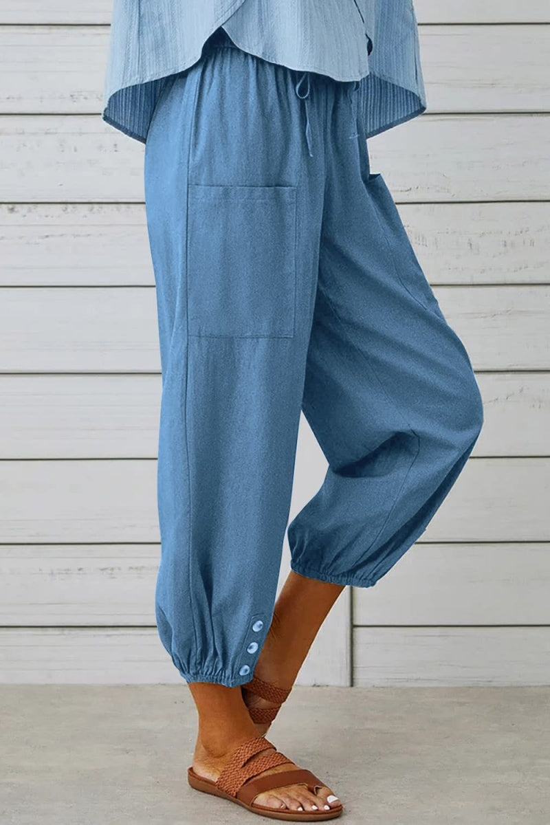 Chouyatou Women Cotton and Linen Drawstring Capri Pants Casual High Waist Pocket Cropped Pants