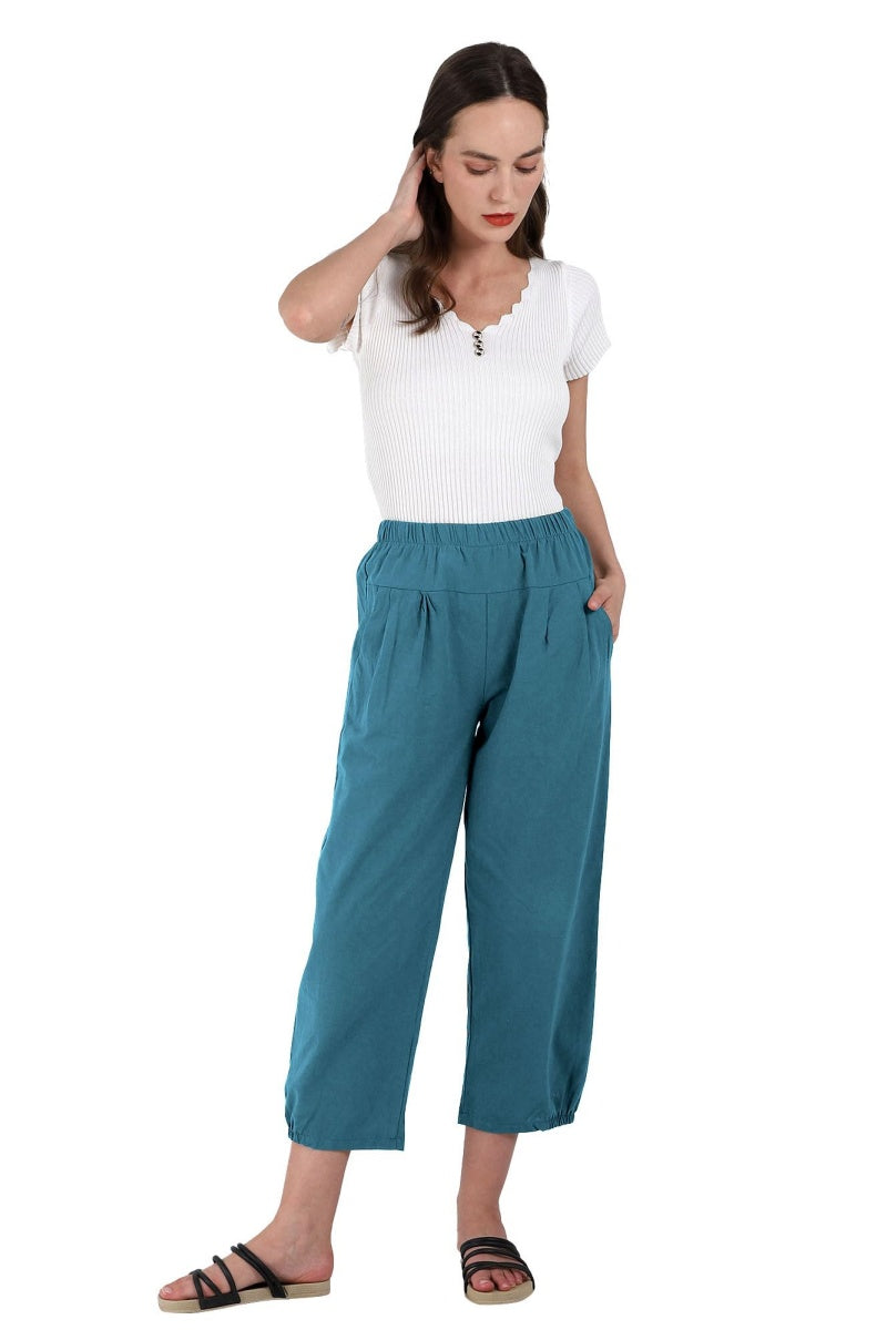 Chouyatou Women's Cropped Harem Pants Elastic Waist Casual Loose Fit Cotton Linen Capris with Pockets