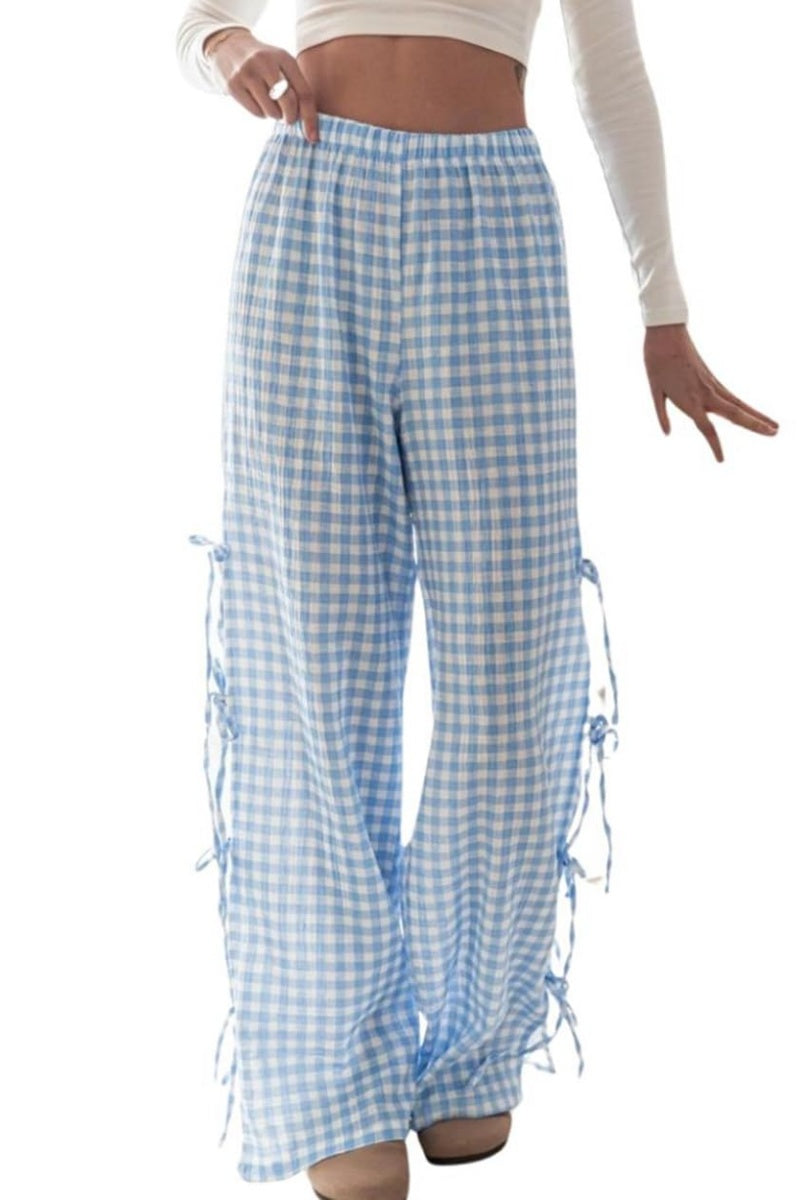 Chouyatou Womens Gingham Striped Wide Leg Pants Y2k Lounge Pants Lace Up Loose Trousers