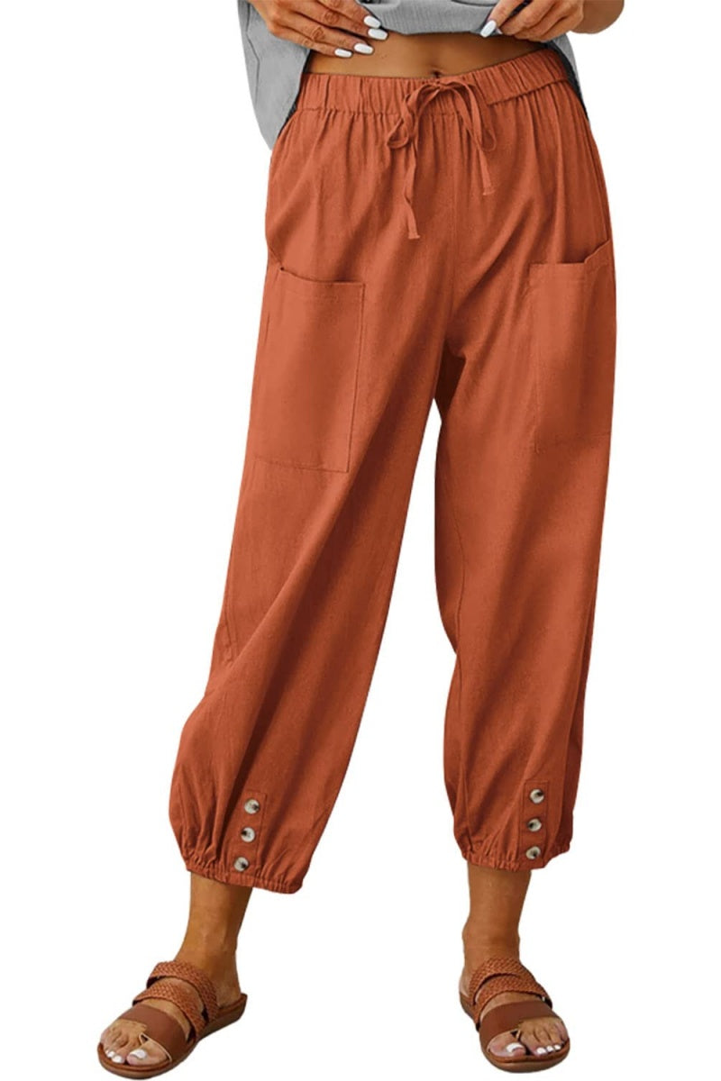 Chouyatou Women Cotton and Linen Drawstring Capri Pants Casual High Waist Pocket Cropped Pants