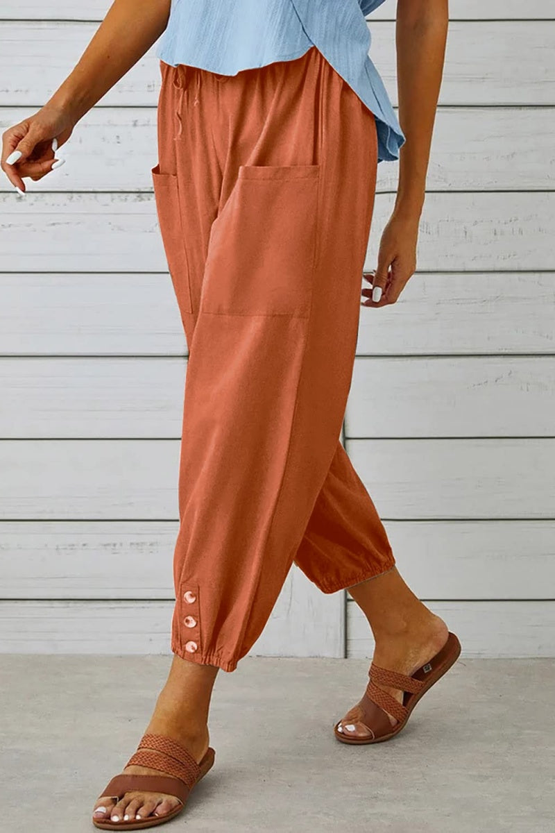 Chouyatou Women Cotton and Linen Drawstring Capri Pants Casual High Waist Pocket Cropped Pants