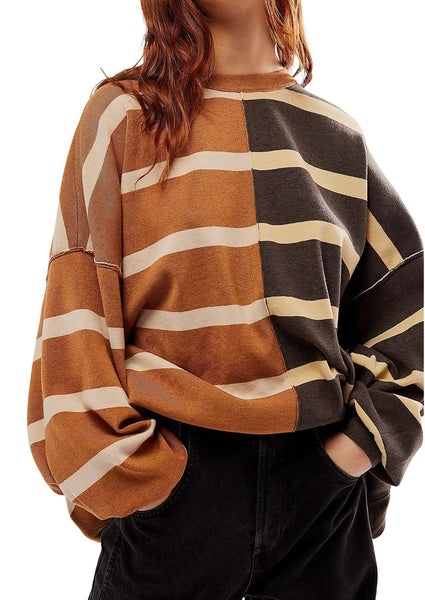 Chouyatou Women s Vintage Crewneck Long Sleeve Casual Loose Contrast C CHOUYATOU
