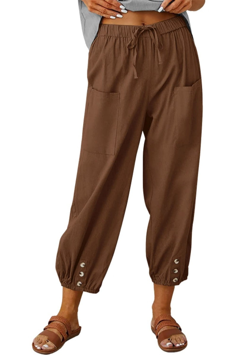 Chouyatou Women Cotton and Linen Drawstring Capri Pants Casual High Waist Pocket Cropped Pants