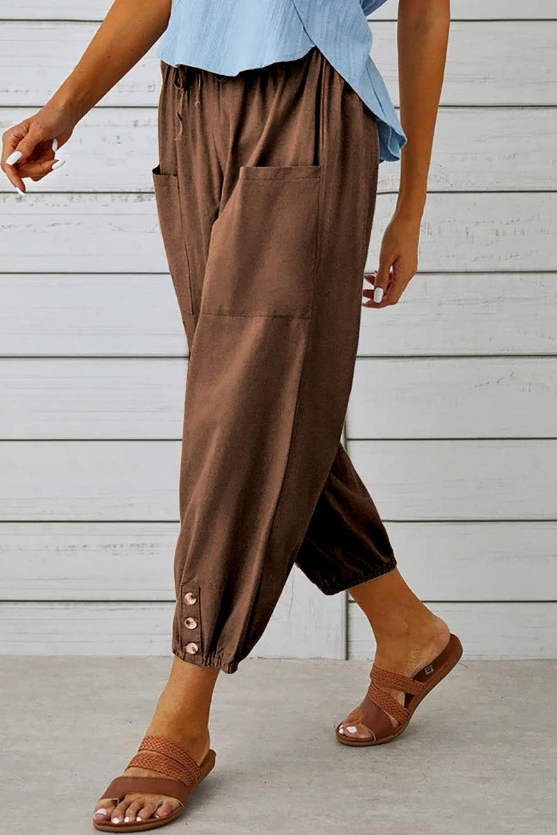 Chouyatou Women Cotton and Linen Drawstring Capri Pants Casual High Waist Pocket Cropped Pants