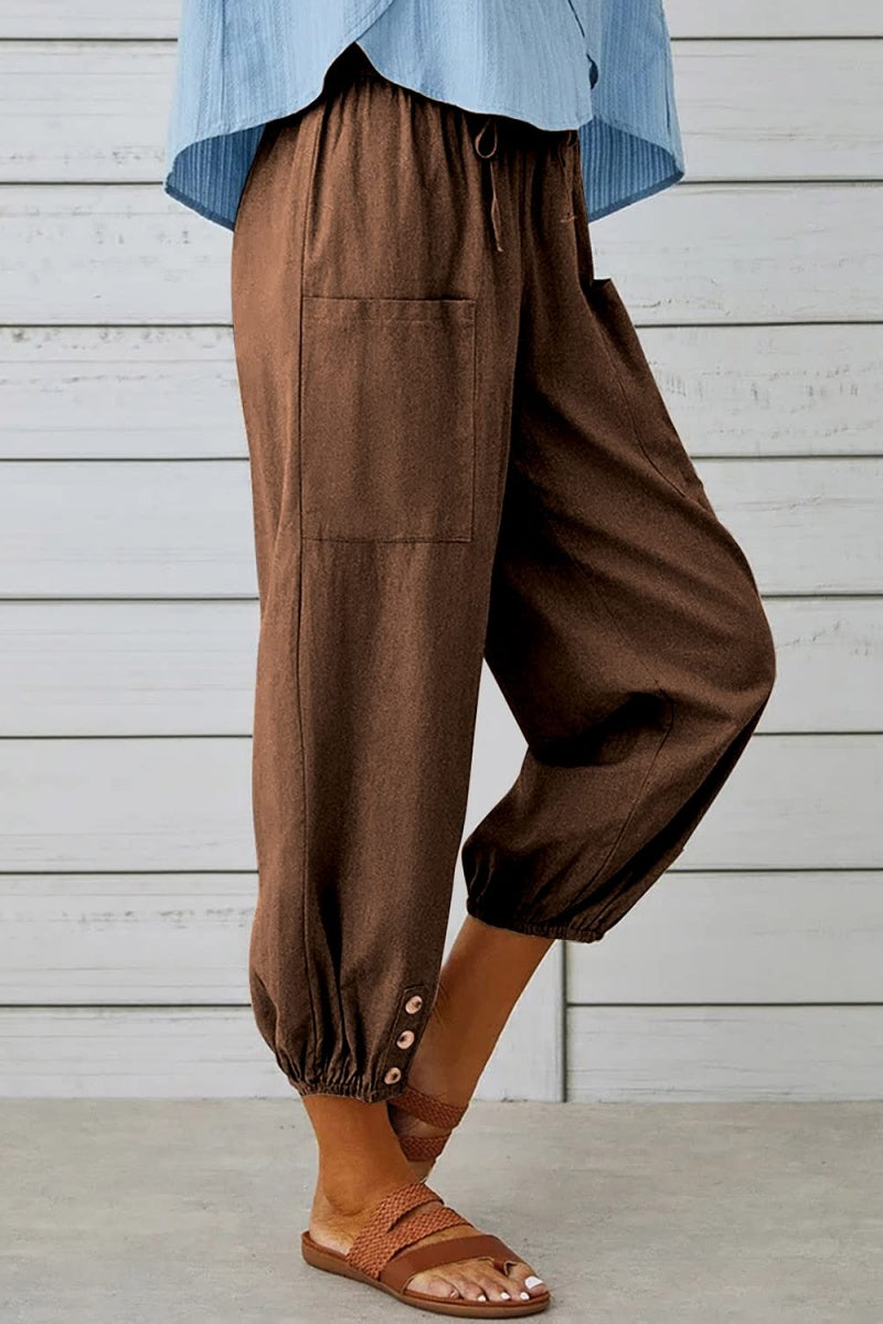 Chouyatou Women Cotton and Linen Drawstring Capri Pants Casual High Waist Pocket Cropped Pants
