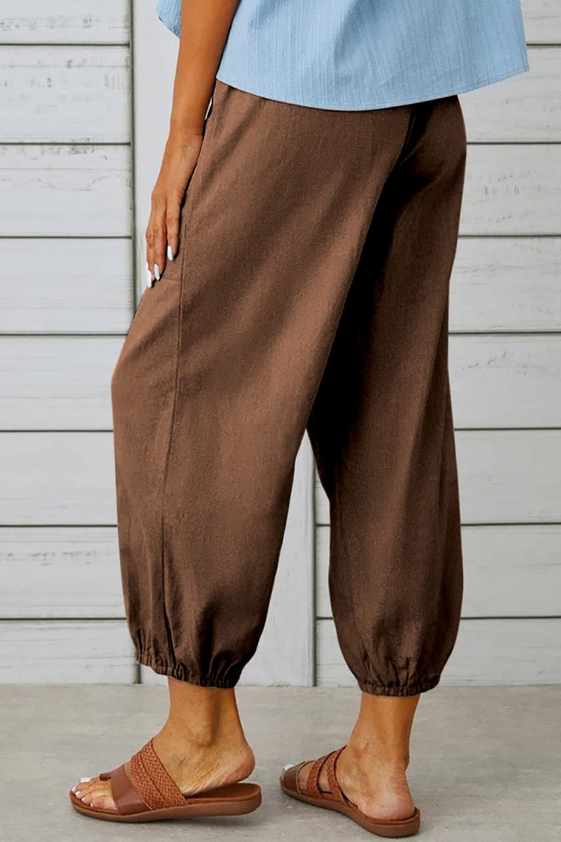 Chouyatou Women Cotton and Linen Drawstring Capri Pants Casual High Waist Pocket Cropped Pants