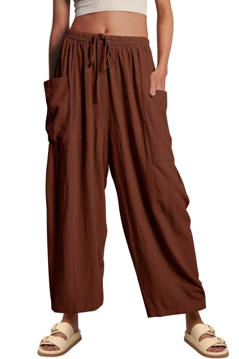 Chouyatou Womens Baggy Linen Pants Casual Loose Fit Drawstring Wide Leg Harem Pants with Pocket