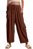 Chouyatou Womens Baggy Linen Pants Casual Loose Fit Drawstring Wide Leg Harem Pants with Pocket