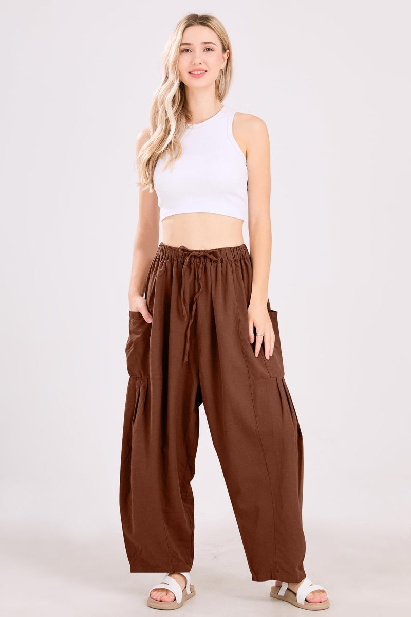 Chouyatou Womens Baggy Linen Pants Casual Loose Fit Drawstring Wide Leg Harem Pants with Pocket