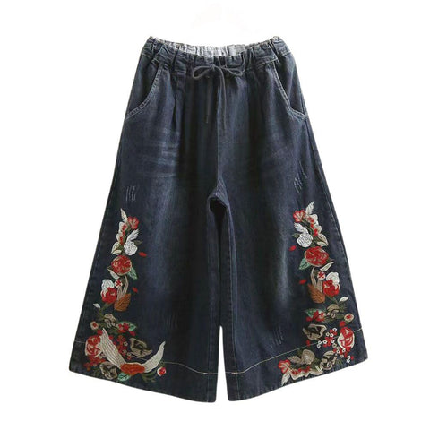 Chouyatou Women's Y2k Baggy Wide Leg Cropped Jeans Flower Embroidered Elastic Waist Capri Denim Pants Culottes