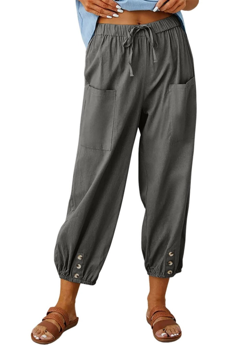 Chouyatou Women Cotton and Linen Drawstring Capri Pants Casual High Waist Pocket Cropped Pants