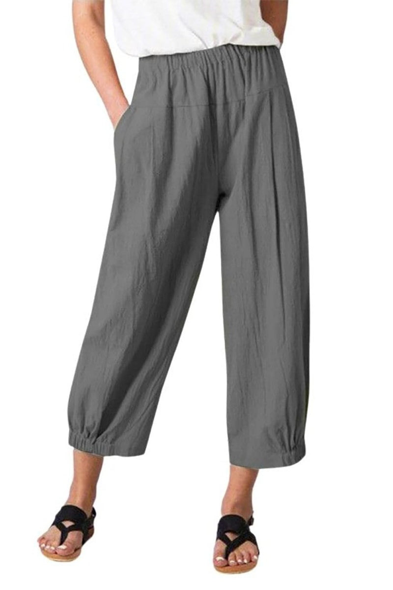 Chouyatou Women's Cropped Harem Pants Elastic Waist Casual Loose Fit Cotton Linen Capris with Pockets