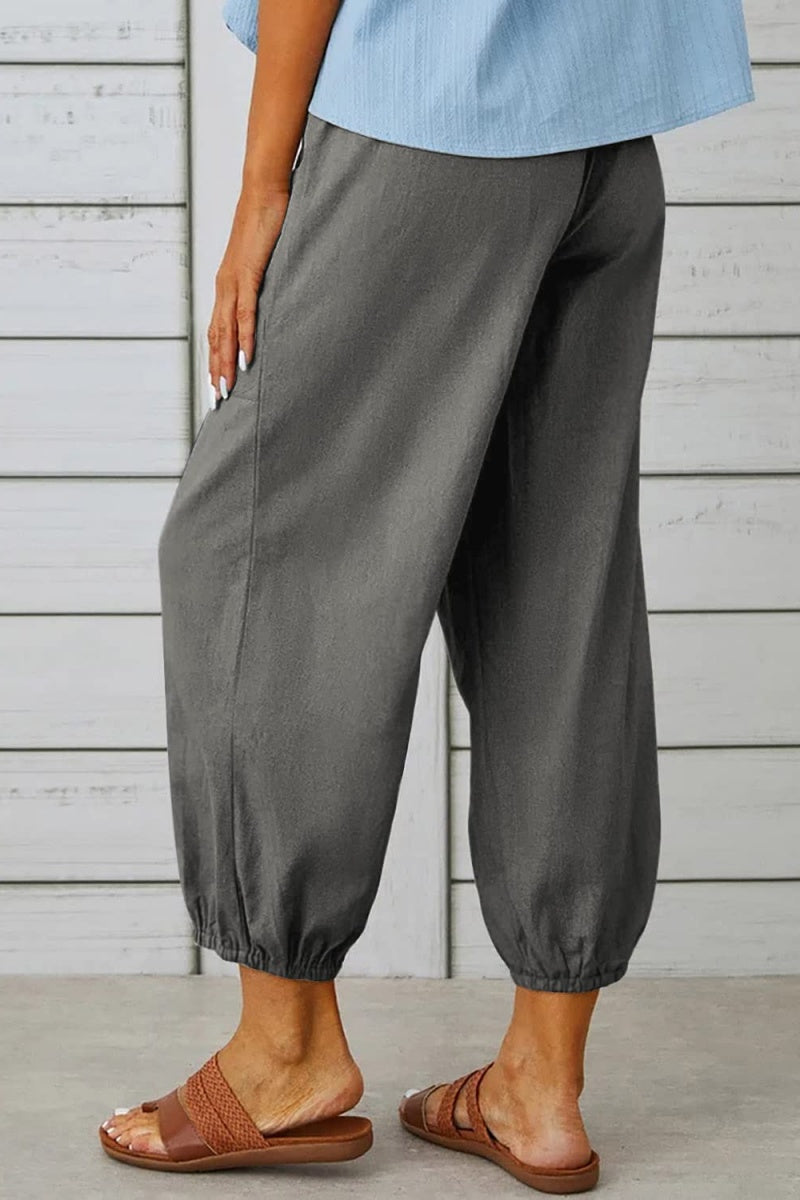 Chouyatou Women Cotton and Linen Drawstring Capri Pants Casual High Waist Pocket Cropped Pants