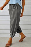 Chouyatou Women Cotton and Linen Drawstring Capri Pants Casual High Waist Pocket Cropped Pants