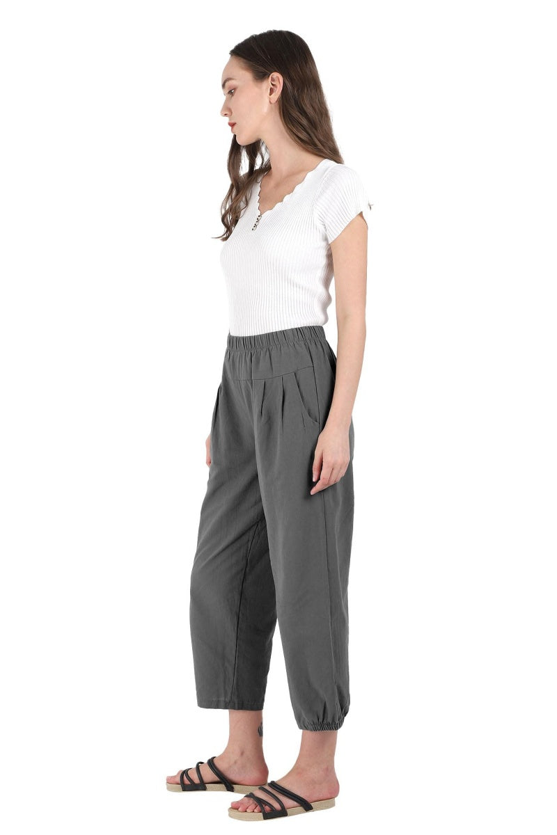 Chouyatou Women's Cropped Harem Pants Elastic Waist Casual Loose Fit Cotton Linen Capris with Pockets
