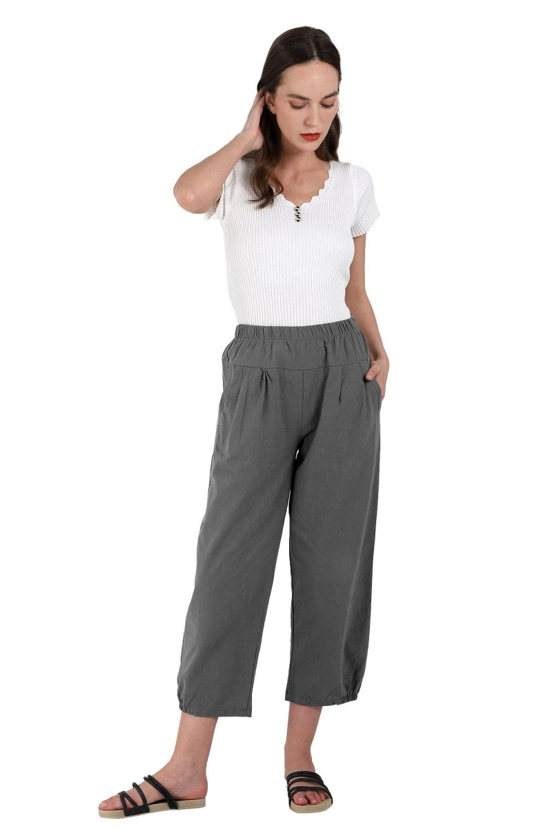 Chouyatou Women's Cropped Harem Pants Elastic Waist Casual Loose Fit Cotton Linen Capris with Pockets