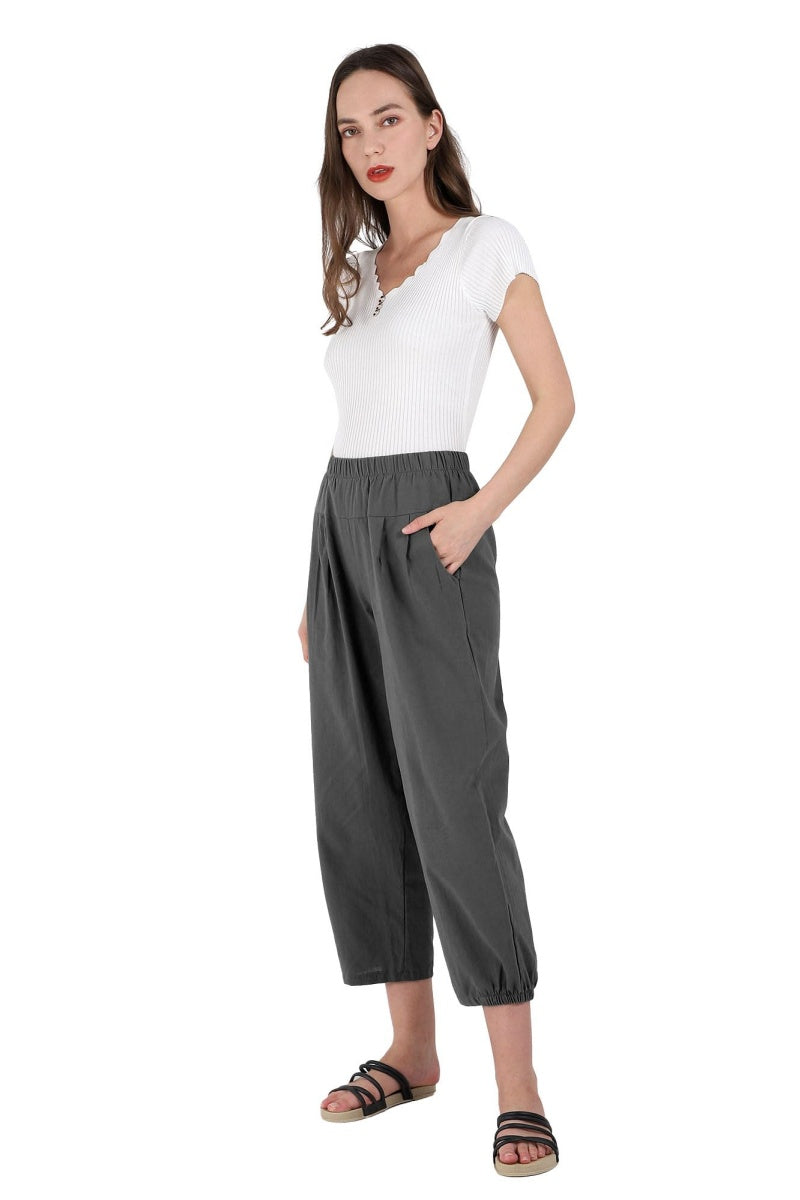 Chouyatou Women's Cropped Harem Pants Elastic Waist Casual Loose Fit Cotton Linen Capris with Pockets