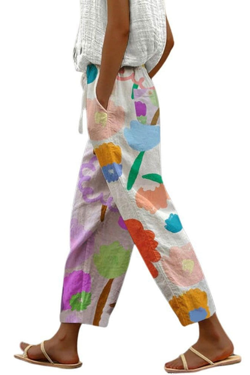 Chouyatou Women's Vintage Floral Print High Elastic Waist Wide Leg Capri Beach Palazzo Pants with Pockets