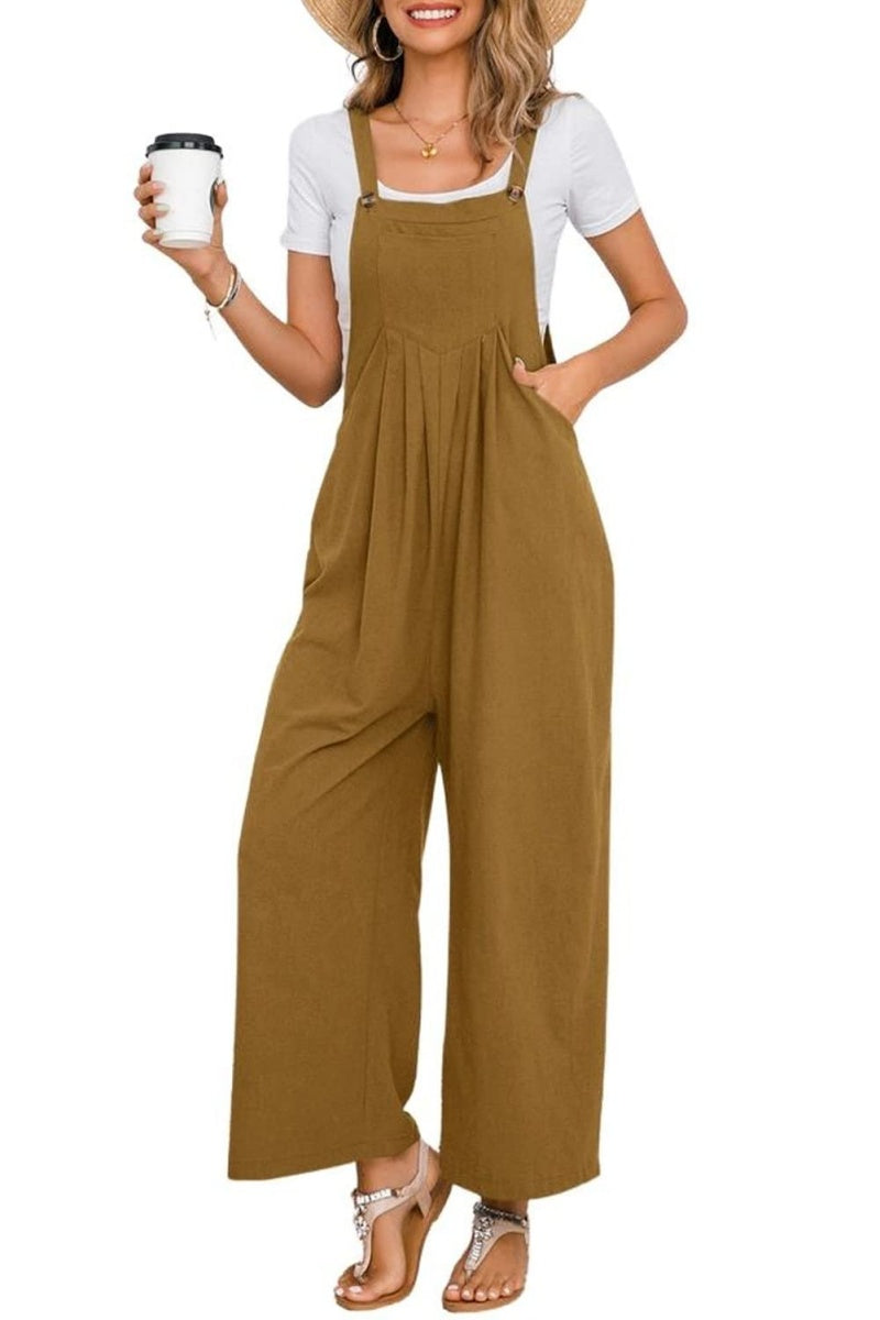 Chouyatou Women's Summer Wide Leg Bib Linen Overalls Palazzo Pants Casual Linen Jumpsuits