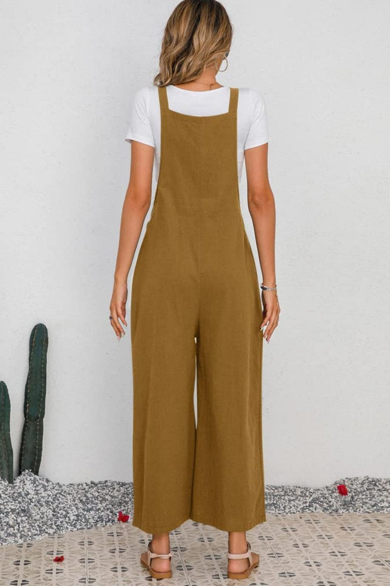 Chouyatou Women's Summer Wide Leg Bib Linen Overalls Palazzo Pants Casual Linen Jumpsuits