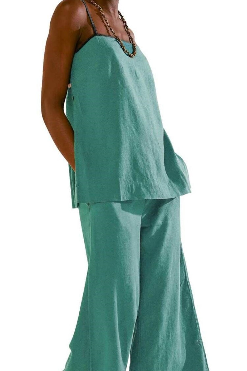Chouyatou Womens 2 Piece Outfits Cotton Linen Set Spaghetti Strap Cami Top and Wide Leg Pants Matching Sets