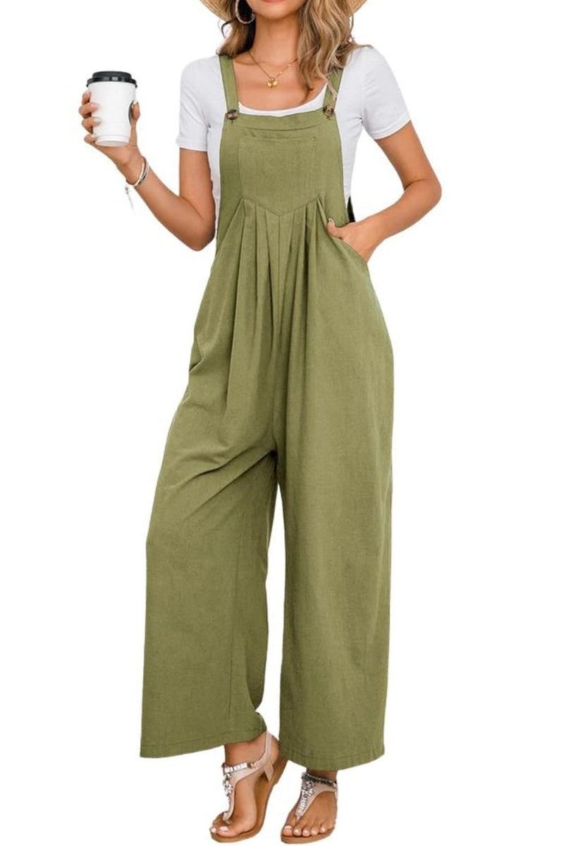 Chouyatou Women's Summer Wide Leg Bib Linen Overalls Palazzo Pants Casual Linen Jumpsuits