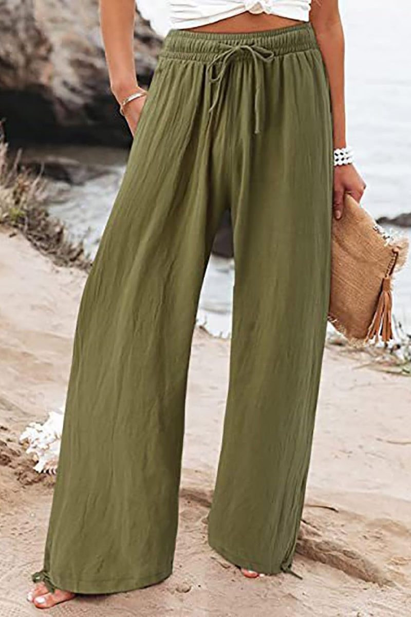 Chouyatou Wide Leg Linen Pants for Women Casual Loose Fit High Waisted Pants with Drawstrings