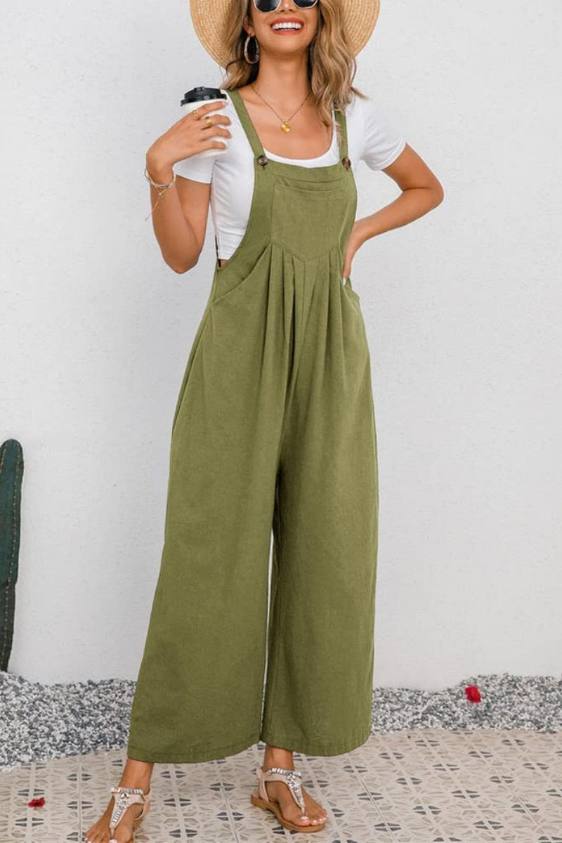 Chouyatou Women's Summer Wide Leg Bib Linen Overalls Palazzo Pants Casual Linen Jumpsuits