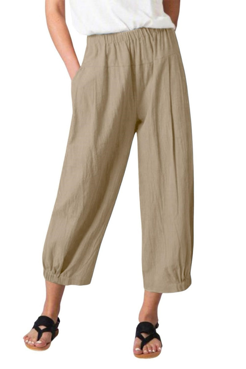 Chouyatou Women's Cropped Harem Pants Elastic Waist Casual Loose Fit Cotton Linen Capris with Pockets