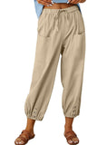 Chouyatou Women Cotton and Linen Drawstring Capri Pants Casual High Waist Pocket Cropped Pants