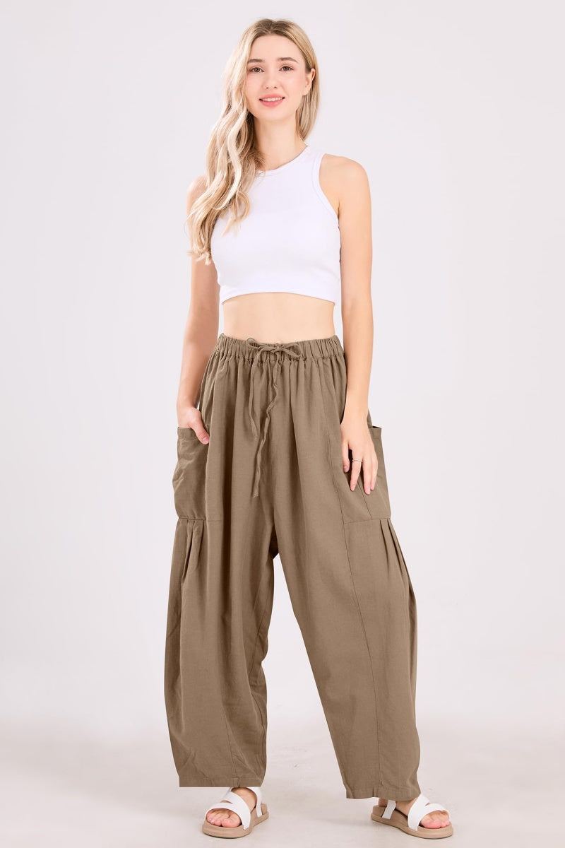 Chouyatou Womens Baggy Linen Pants Casual Loose Fit Drawstring Wide Leg Harem Pants with Pocket