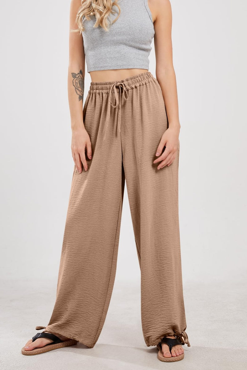 Chouyatou Wide Leg Linen Pants for Women Casual Loose Fit High Waisted Pants with Drawstrings