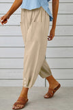 Chouyatou Women Cotton and Linen Drawstring Capri Pants Casual High Waist Pocket Cropped Pants