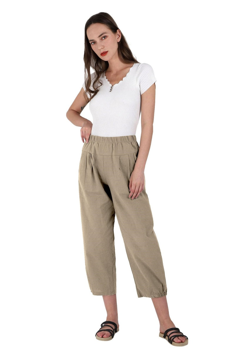 Chouyatou Women's Cropped Harem Pants Elastic Waist Casual Loose Fit Cotton Linen Capris with Pockets