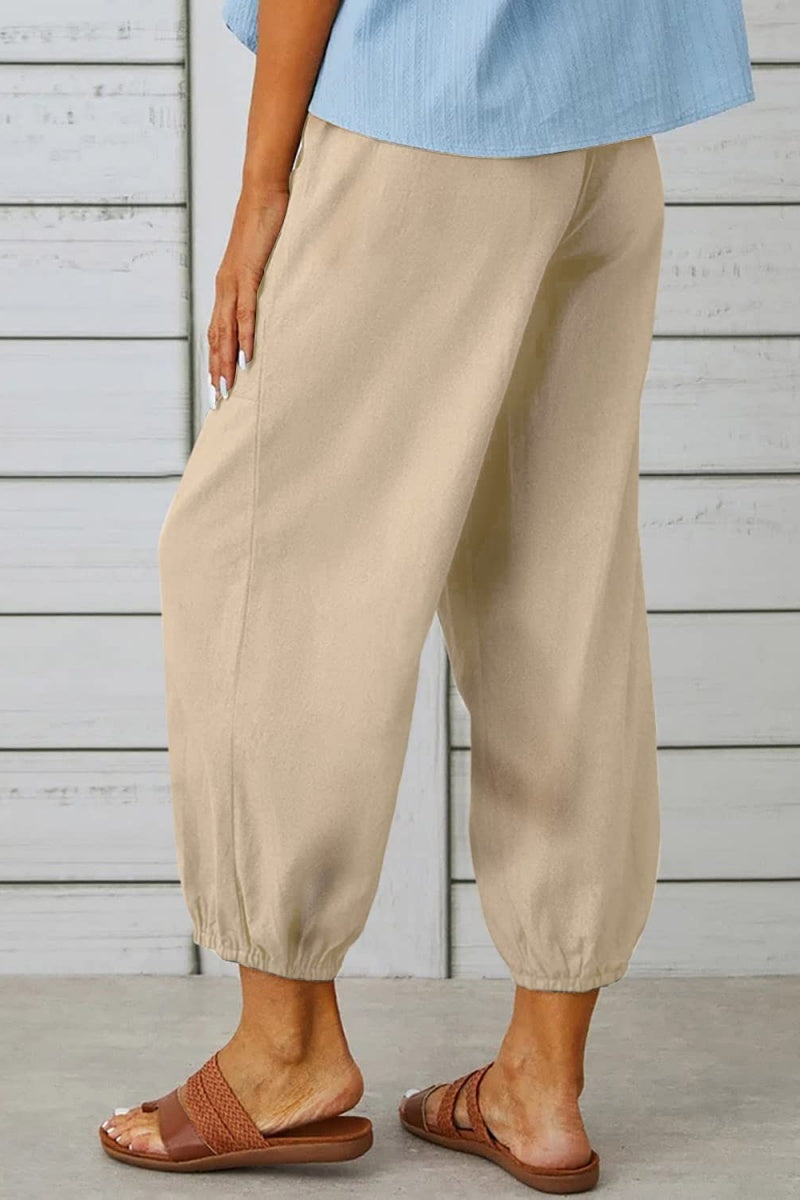 Chouyatou Women Cotton and Linen Drawstring Capri Pants Casual High Waist Pocket Cropped Pants