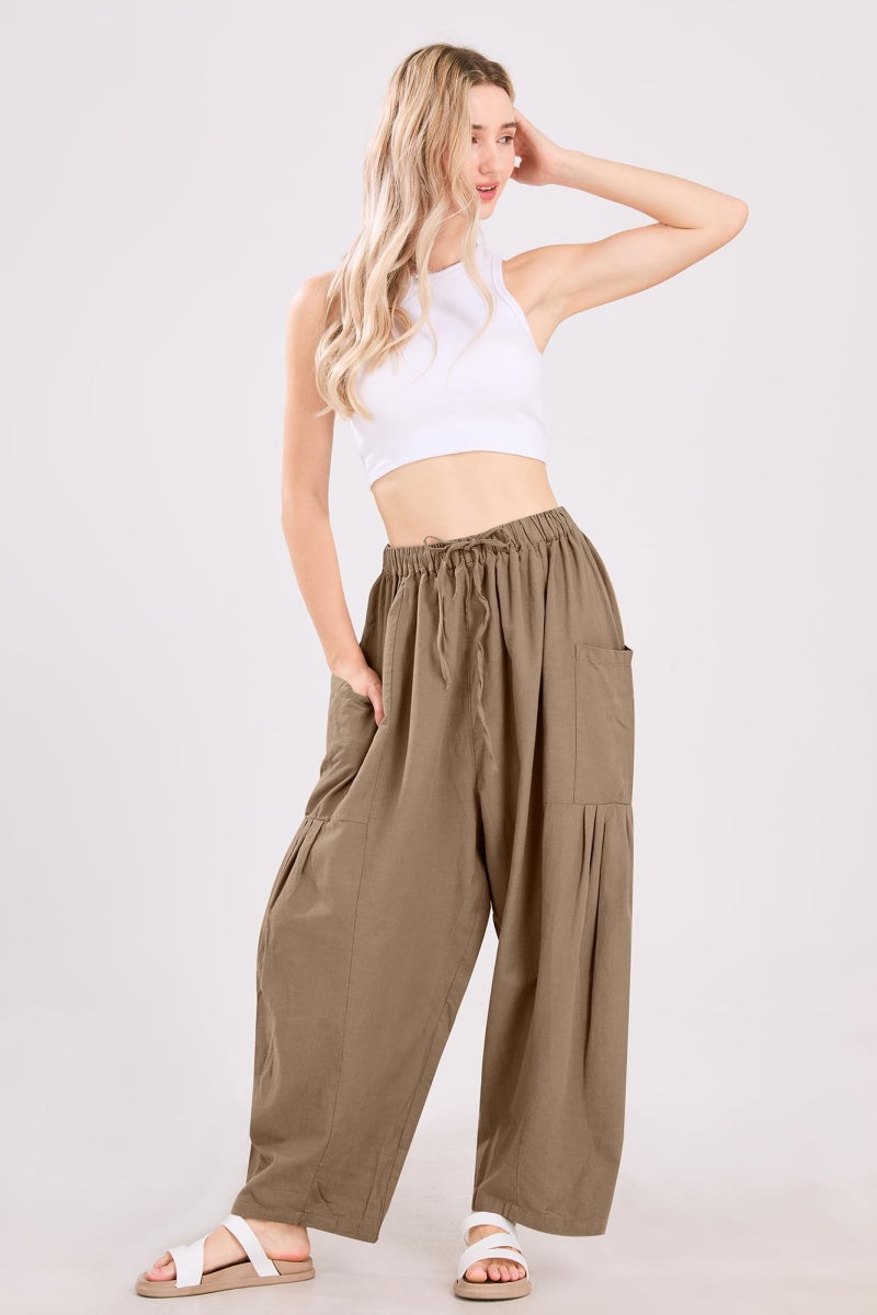 Chouyatou Womens Baggy Linen Pants Casual Loose Fit Drawstring Wide Leg Harem Pants with Pocket