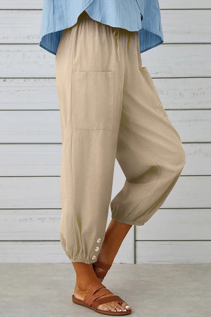 Chouyatou Women Cotton and Linen Drawstring Capri Pants Casual High Waist Pocket Cropped Pants