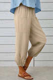 Chouyatou Women Cotton and Linen Drawstring Capri Pants Casual High Waist Pocket Cropped Pants