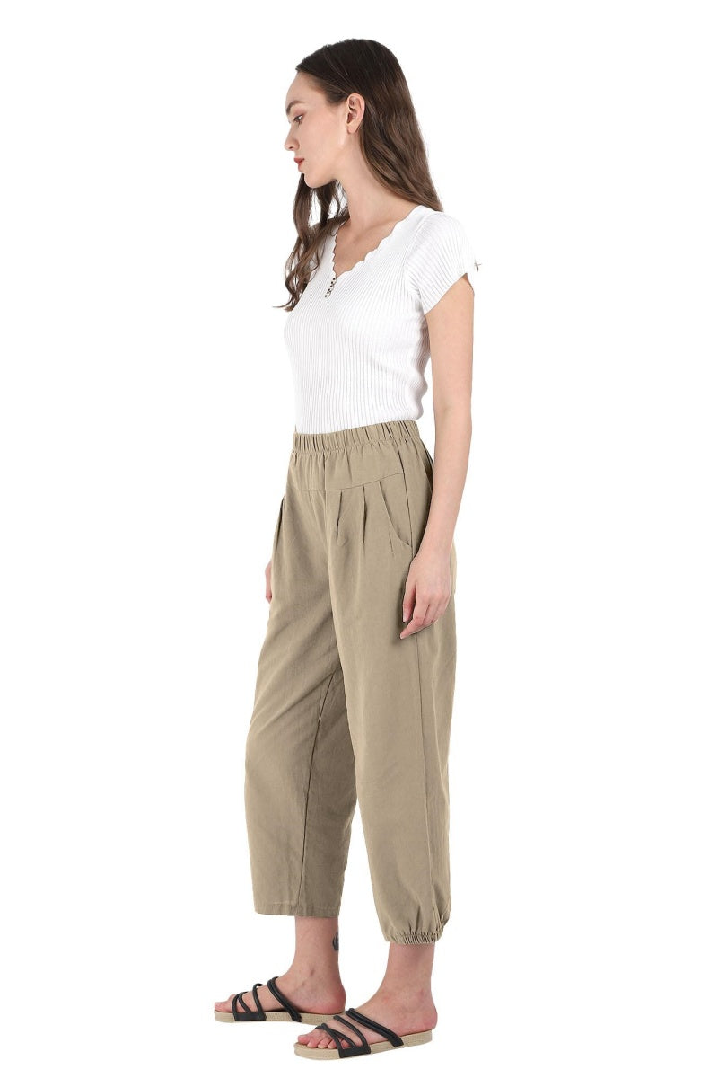 Chouyatou Women's Cropped Harem Pants Elastic Waist Casual Loose Fit Cotton Linen Capris with Pockets
