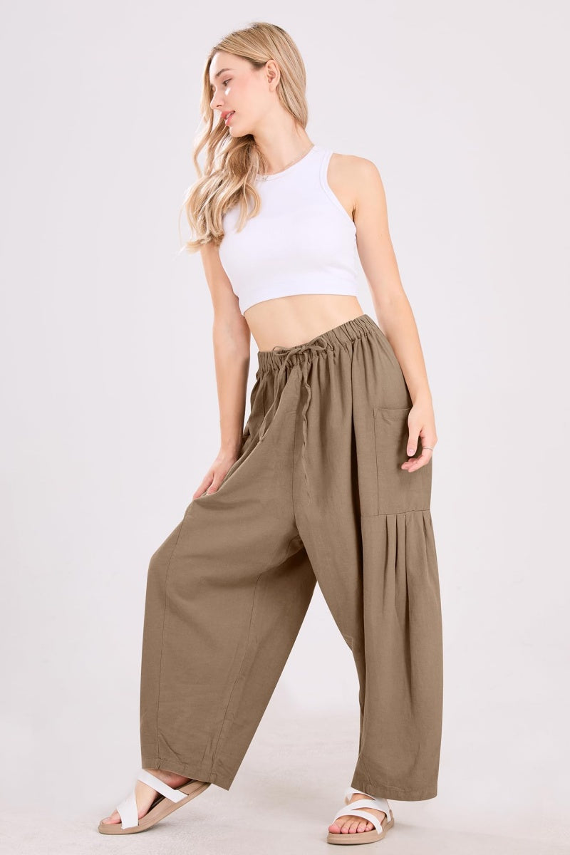 Chouyatou Womens Baggy Linen Pants Casual Loose Fit Drawstring Wide Leg Harem Pants with Pocket